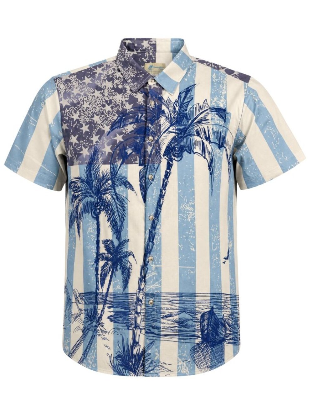Hawaiian Shirts Mens Blue White Striped Palm Tree & Star Short Sleeve Shirt 3XL